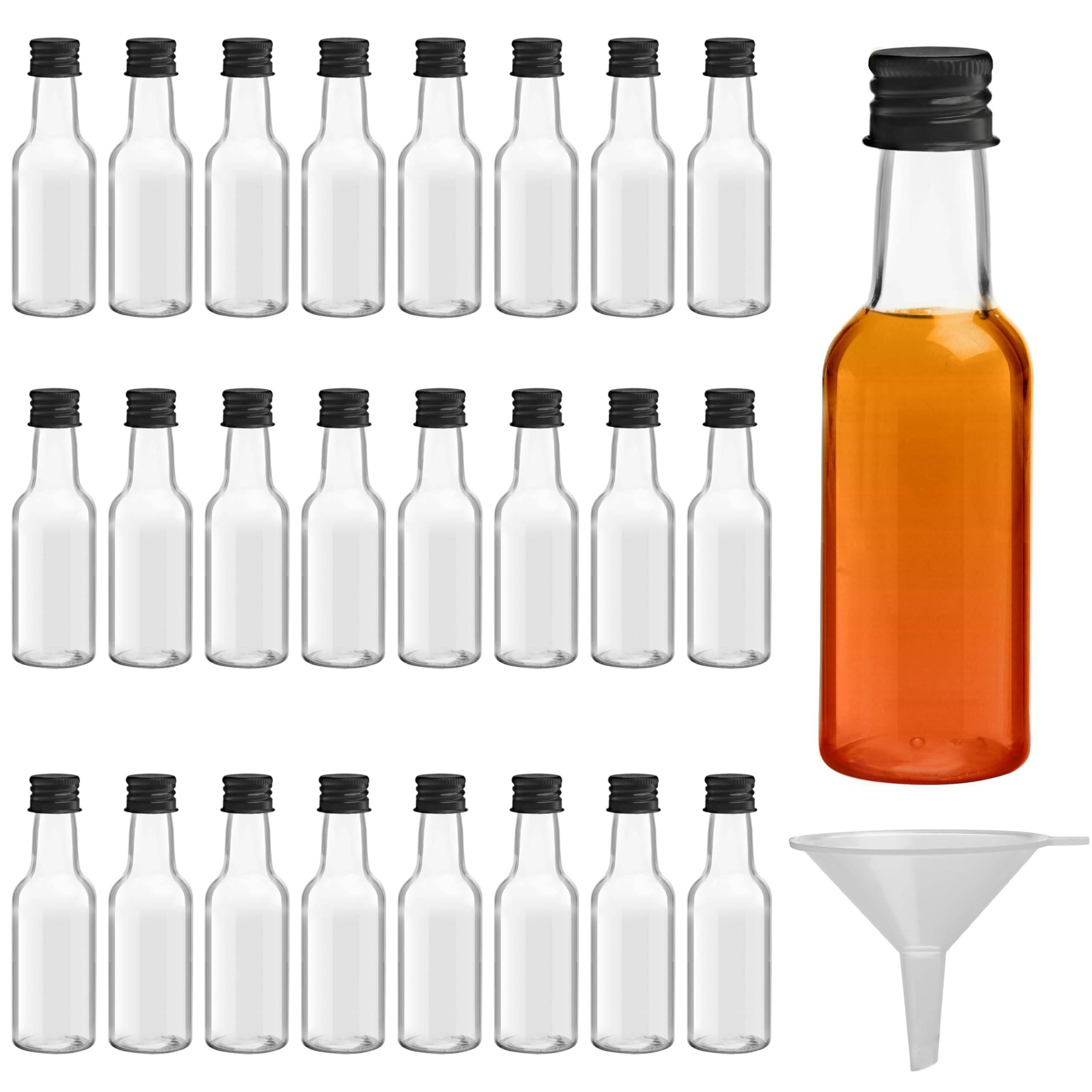 BELLE VOUS Small Liquor Bottles (24 Pack) - Reusable Plastic 150ml (5 fl oz) Empty Spirit Bottle with Black Screw Cap, Liquid Funnel for Easy Pouring, Filling - Bottles for Weddings & Parties