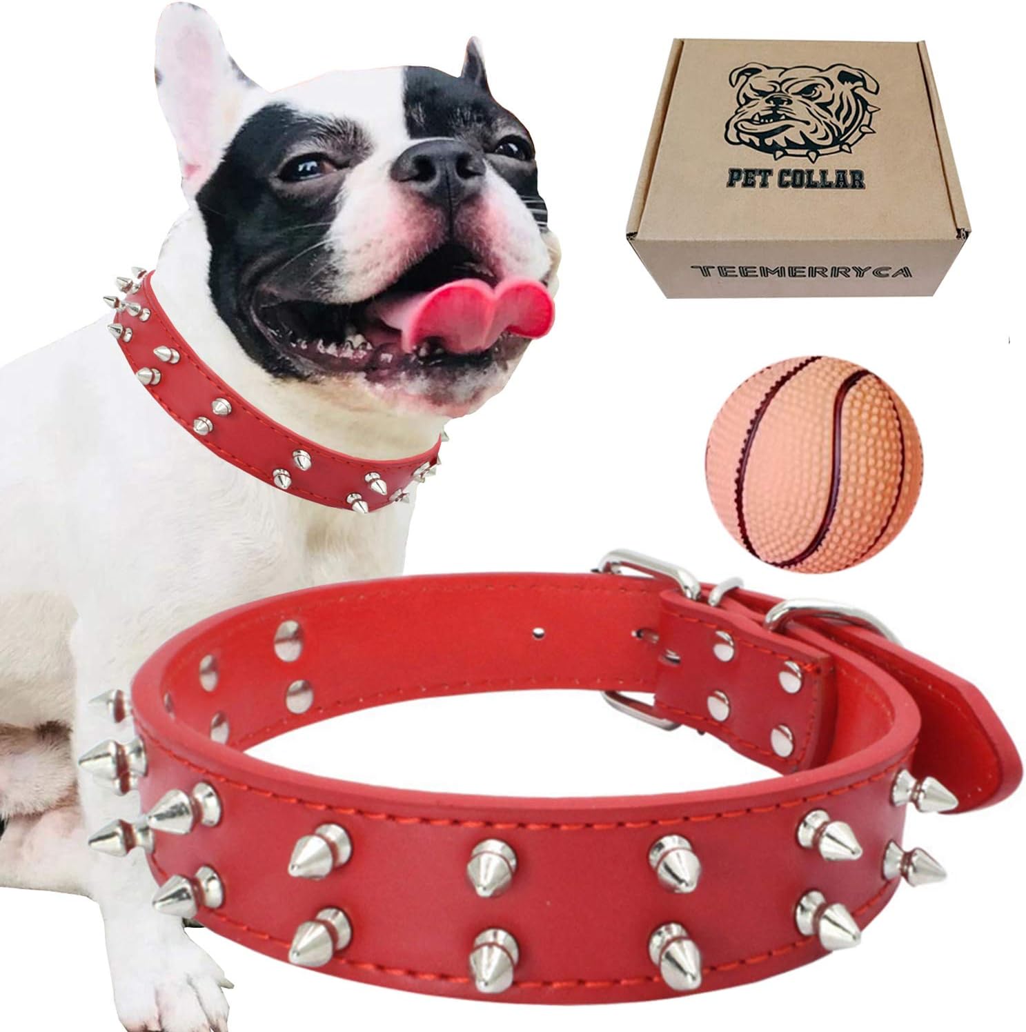 teemerryca Leather Spiked Studded Dog Collars with a Squeak Ball Gift for Medium Large Dogs Like Pit Bull/Bulldog/Husky Labrador/German Shepherd