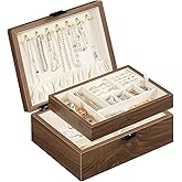 HOOBRO Wooden Jewelry Box for Women Girls, 2-Tier Jewelry Organizer with Removable Tray, Jewelry Storage Case with Clasp, for Necklace, Ring, Bracelet, Watch, Walnut BH29JB04
