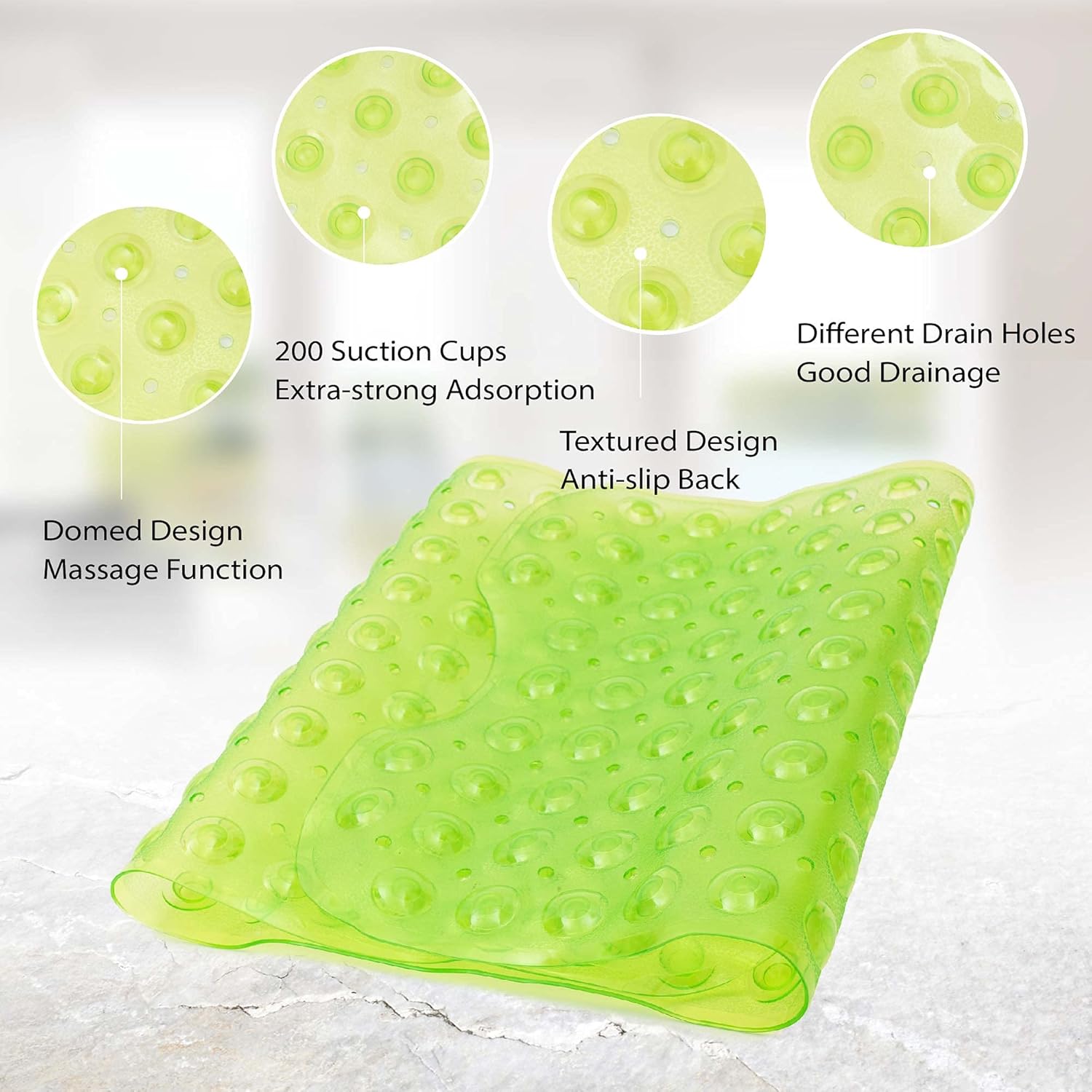 ROSMARUS Shower Mat Non-Slip Bath Tub Mat with Suction Cups and Drain Holes Bath Mats for Bathroom Shower Floor Mat Anti Slip Bathtub Accessories, 16” x 39”, Green: Home & Kitchen