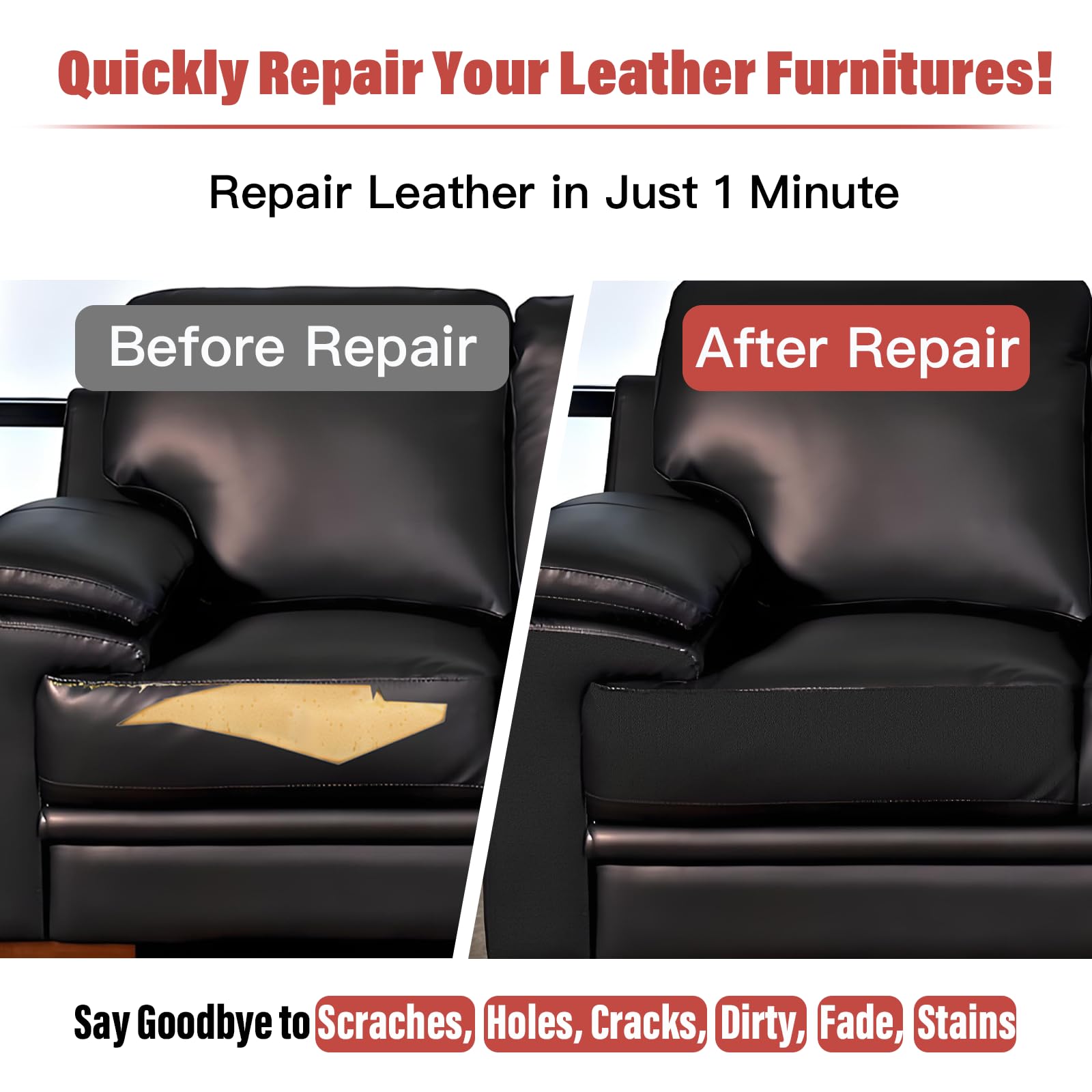 GEYYANG Leather Repair Kit for Furniture, 4 x 63 Inches self Adhesive Leather Repair Tape for Damaged Leather Furniture, Sofa Seating, Leather Goods(Black - Fine Grained)