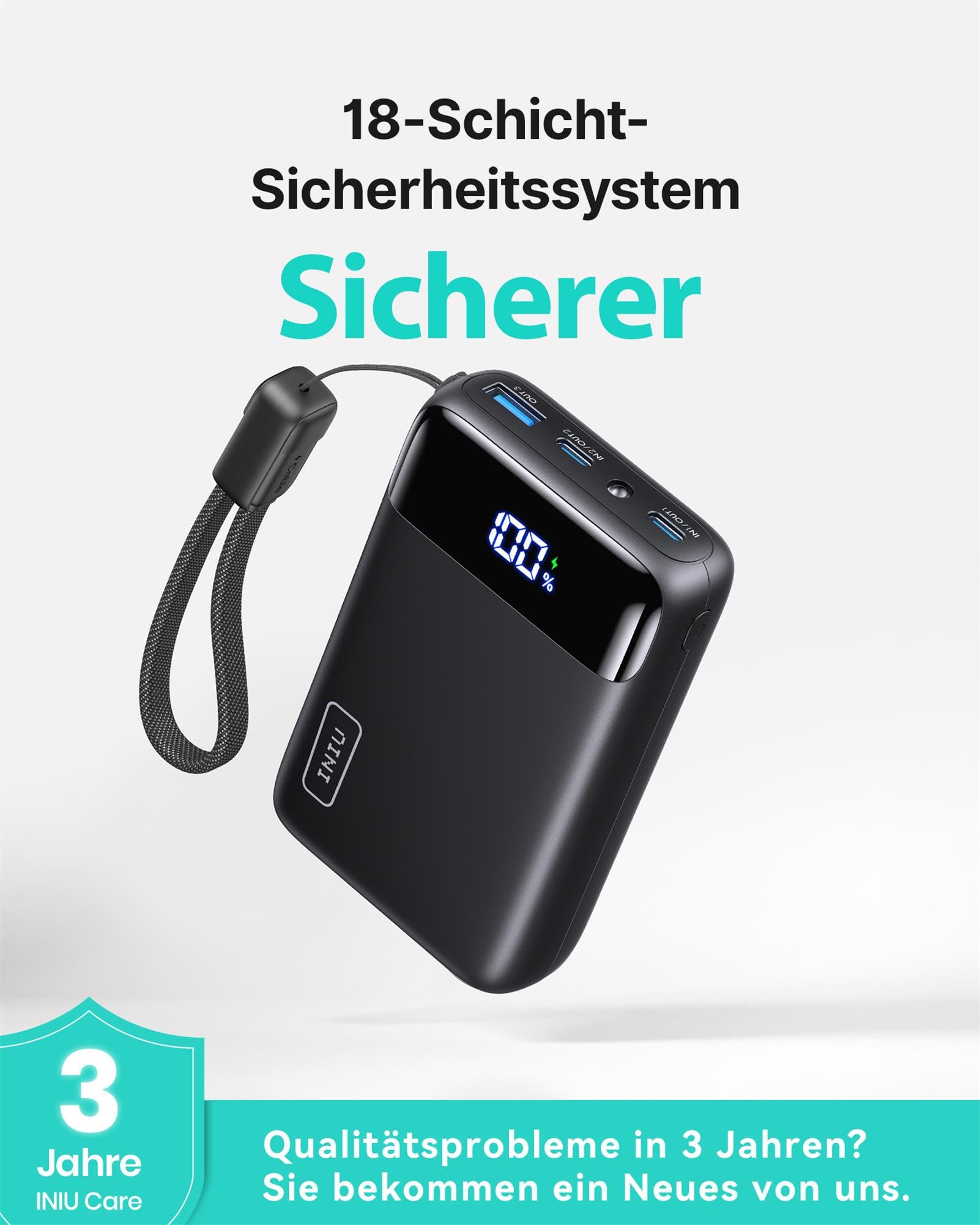 INIU Ultra Klein 20000mAh Power Bank, 22.5W Schnellladung PowerBank mit Abnehmbar USB C Kabel, Flugtauglich & Reise-Essential, Externe Handyakkus für iPhone 17 16 15 Pro, Samsung S25, Xiaomi, iPad etc 7