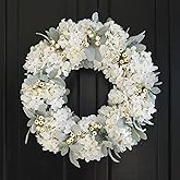 Hometrance Cream Hydrangea Wreath for Front Door Outside, 16 Inch Wedding Decorations with Hydrangea, Lamb’s Ear Leaves for All Seasons Wreath, Spring Summer Farmhouse White Year Round Wreaths