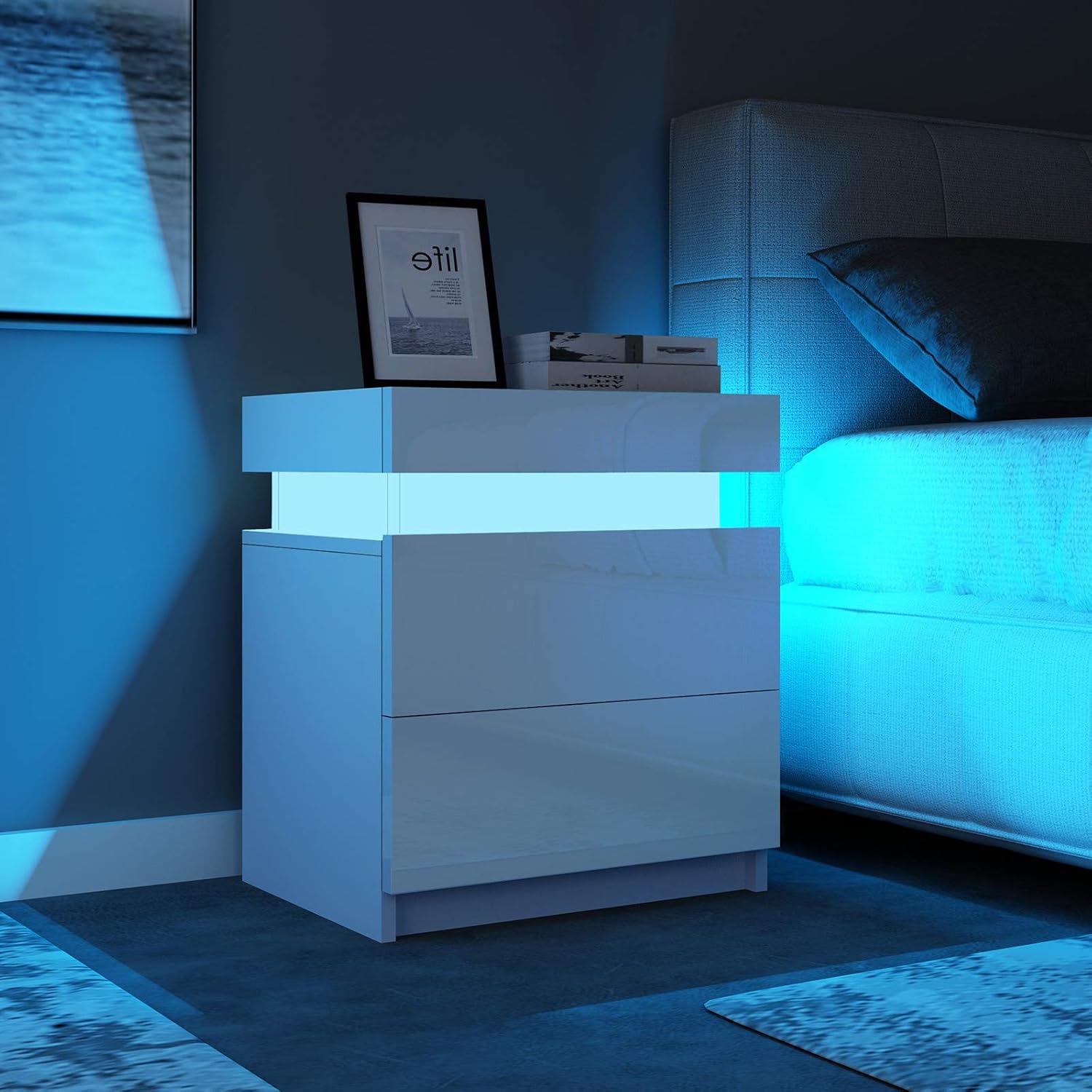 Modern High Gloss Front Bedside Table Chest of 2 Drawers Wooden