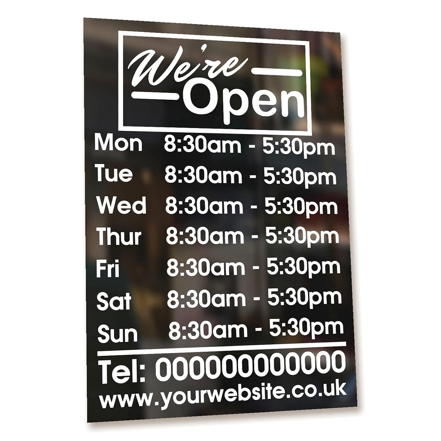 We're Open Custom Personalised Opening Times Hours Shop Door Window