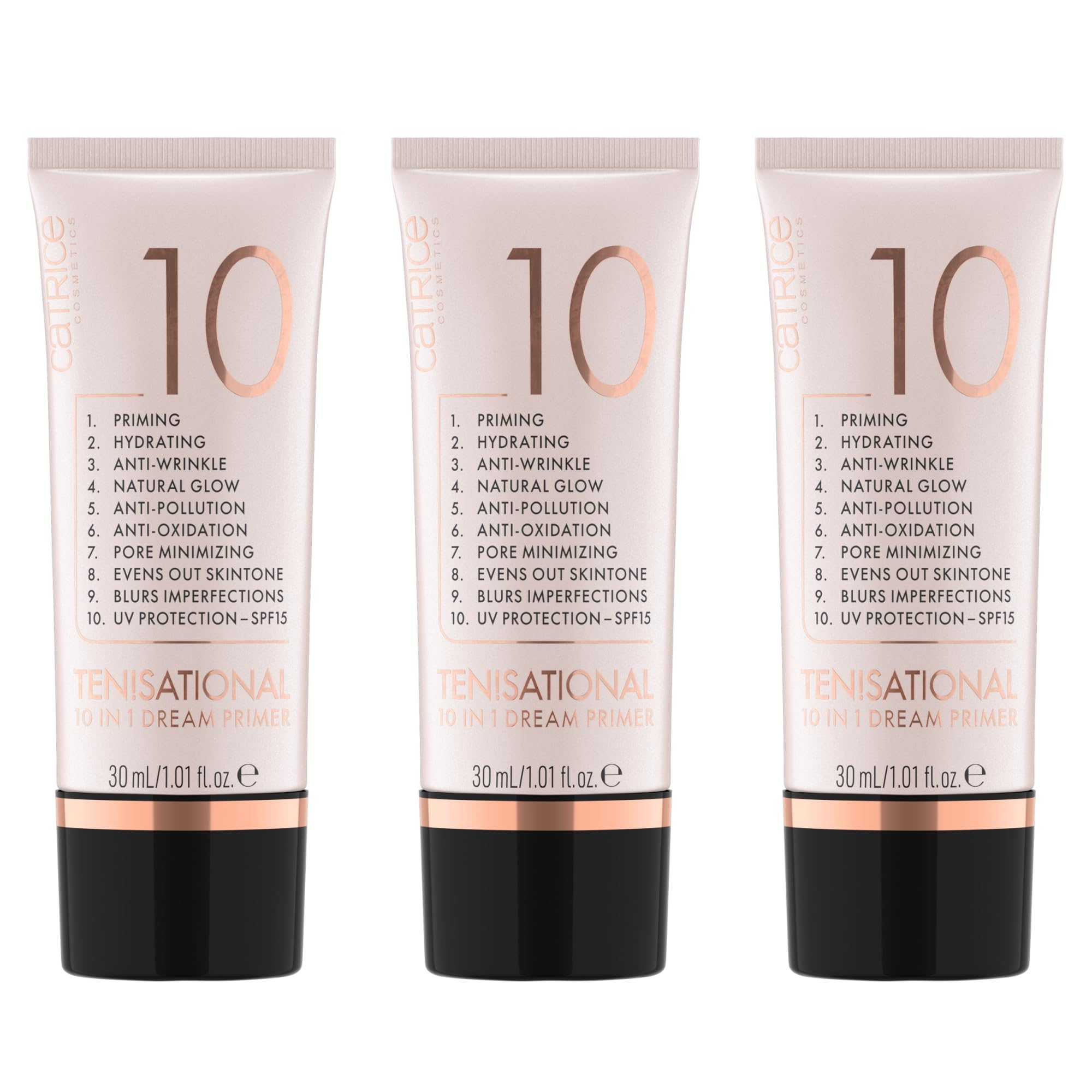 Catrice Ten!sational 10 in 1 Dream Primer, nude, anti-ageing, moisturising, natural, vegan, UVA and UVB filter + SPF 15, paraben-free, pack of 3 (3 x 30 ml)