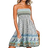 Tube Top Dress Boho Floral Summer Beach Csual Sun Dresses Strapless Dress for Women Red S