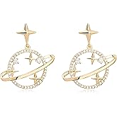 MALOYANVE Planet Pendant Earrings for Women Rhinestone Saturn Dangle&Drop Earrings Star Moon Stud for Everyday Wear Jewelry Gift