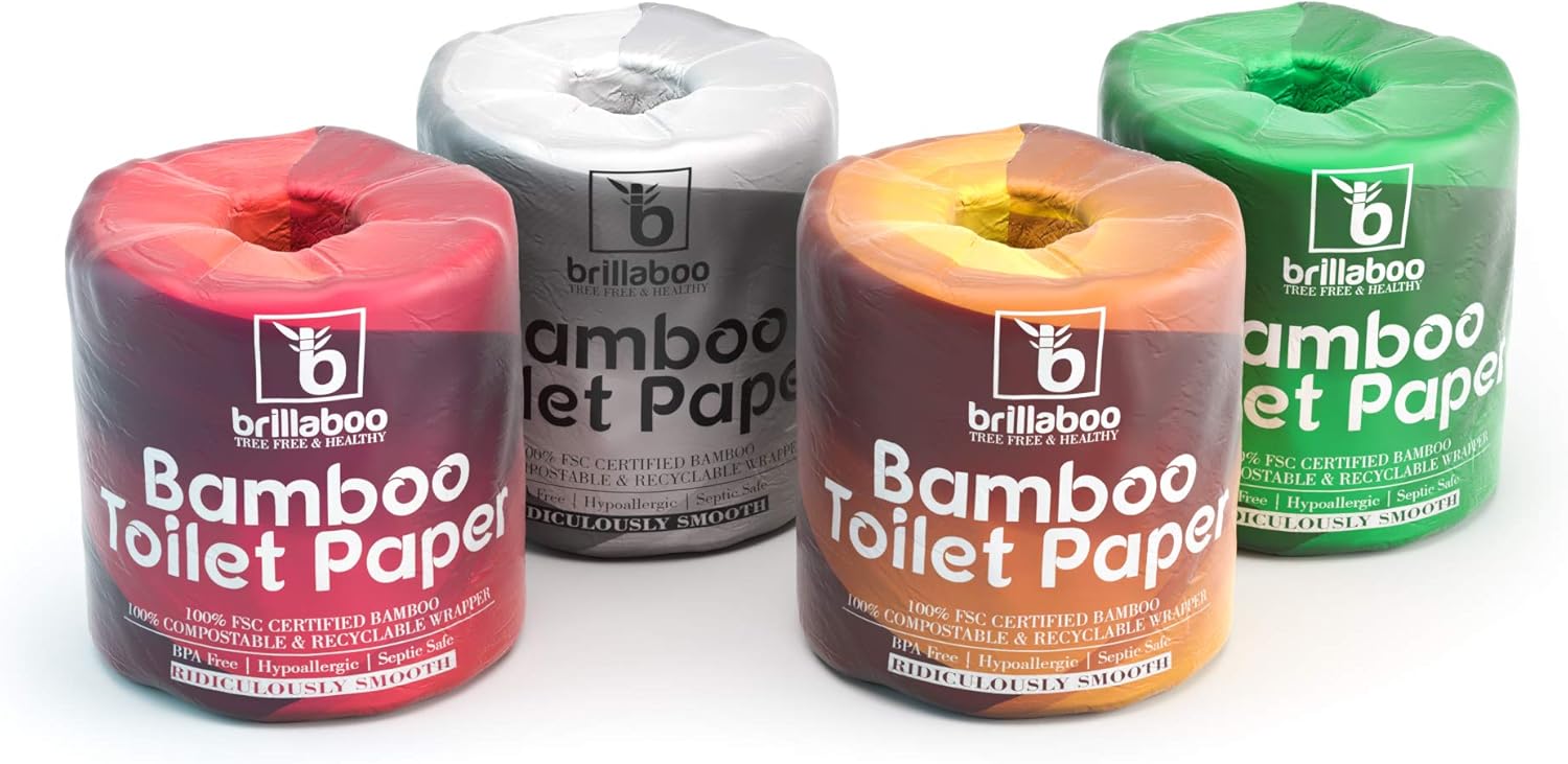 BrillaBoo Pure Bamboo Toilet Paper | 100% Tree Free Hypoallergenic Bamboo Toilet Paper For Sensitive Skin | Plastic, Tree & Lint Free | Septic-Safe - 3 Ply - 200 Piece Roll | 12 Rolls: Health & Personal Care