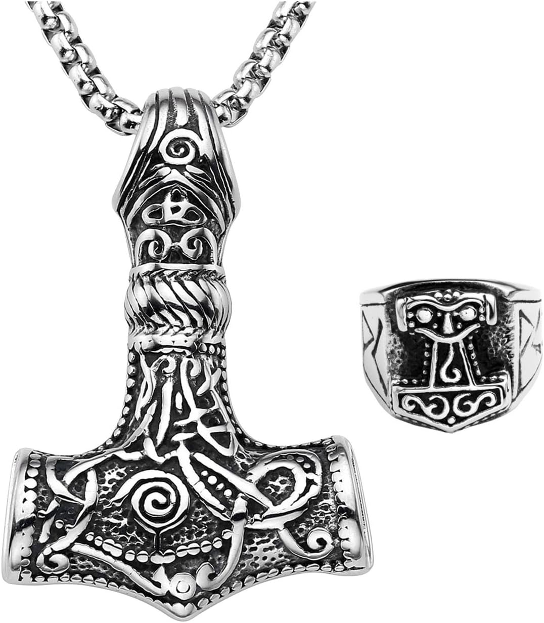 Jovivi Men's Stainless Steel Viking Thor's Hammer Pendant Necklace & Band Ring Jewelry Set,US 9-13