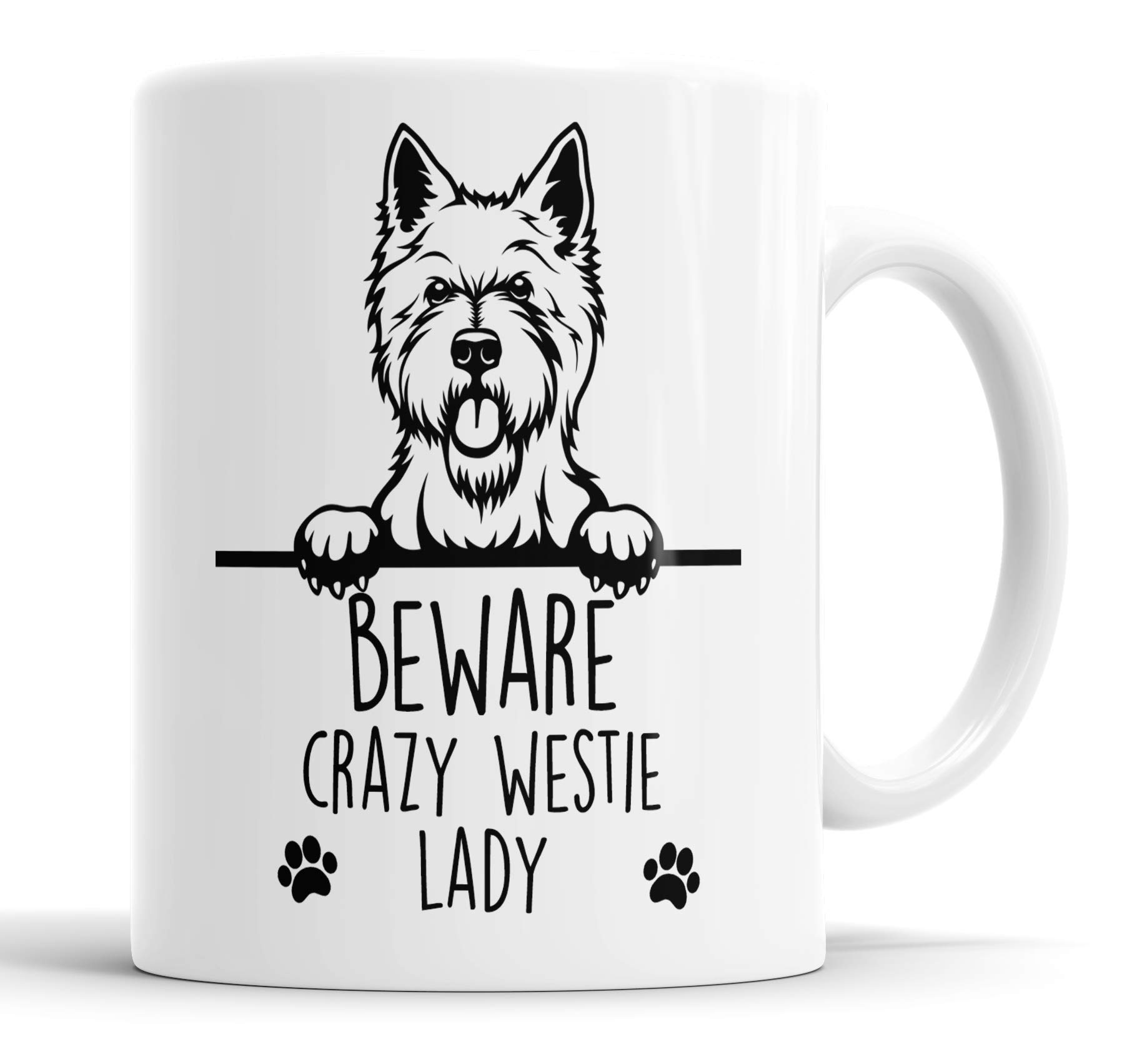 Faithful Prints Westie Beware Crazy Mug Lady Mug Pet Present West Highland Terrier Dog Mum Dad Friend Joke Funny Gift Cup Birthday Christmas, Ceramic Mug