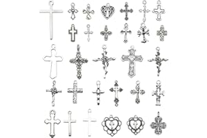 Xugoox 30Pcs Cross Pendants for DIY Jewelry Making Antique Silver Cross Charms Set Assorted Religious Pendant Alloy Necklace 