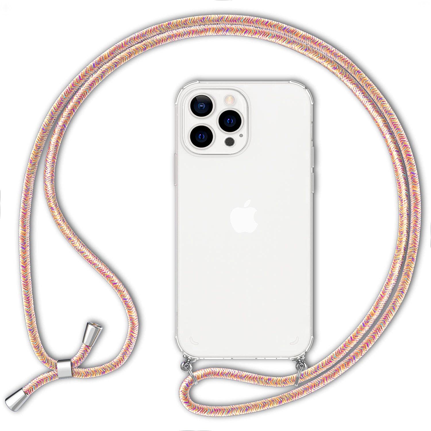 NALIA Necklace Case for iPhone 13 Pro - Transparent Hybrid Cover & Strap - HANGIT (Anti-Yellow Back & Adjustable) - German Brand, Color:Rainbow