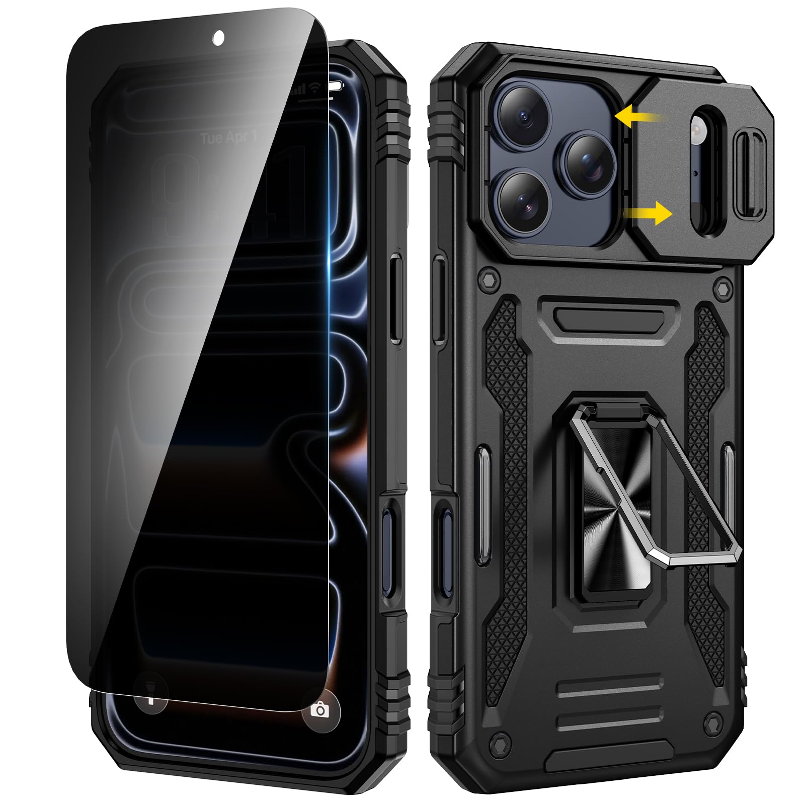 VEGO for iPhone 17 Pro Max Case, with Slide Camera Cover & Privacy Tempered Glass Screen Protector & Ring Kickstand Military Grade Heavy Duty Protection Cover for iPhone 17 ProMax - Black