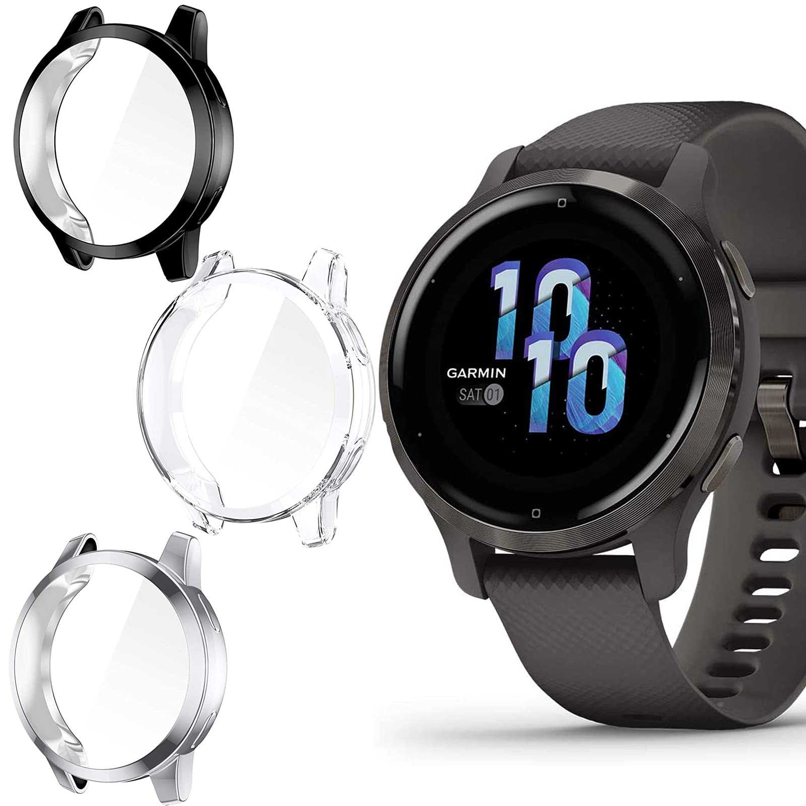 Venu 2S Case, Giaogor All-Around Protective TPU Bumper Cover Screen Protector Case Cover Compatible for Garmin Venu 2S Smartwatch (3 Pack-Black+Clear+Silver)