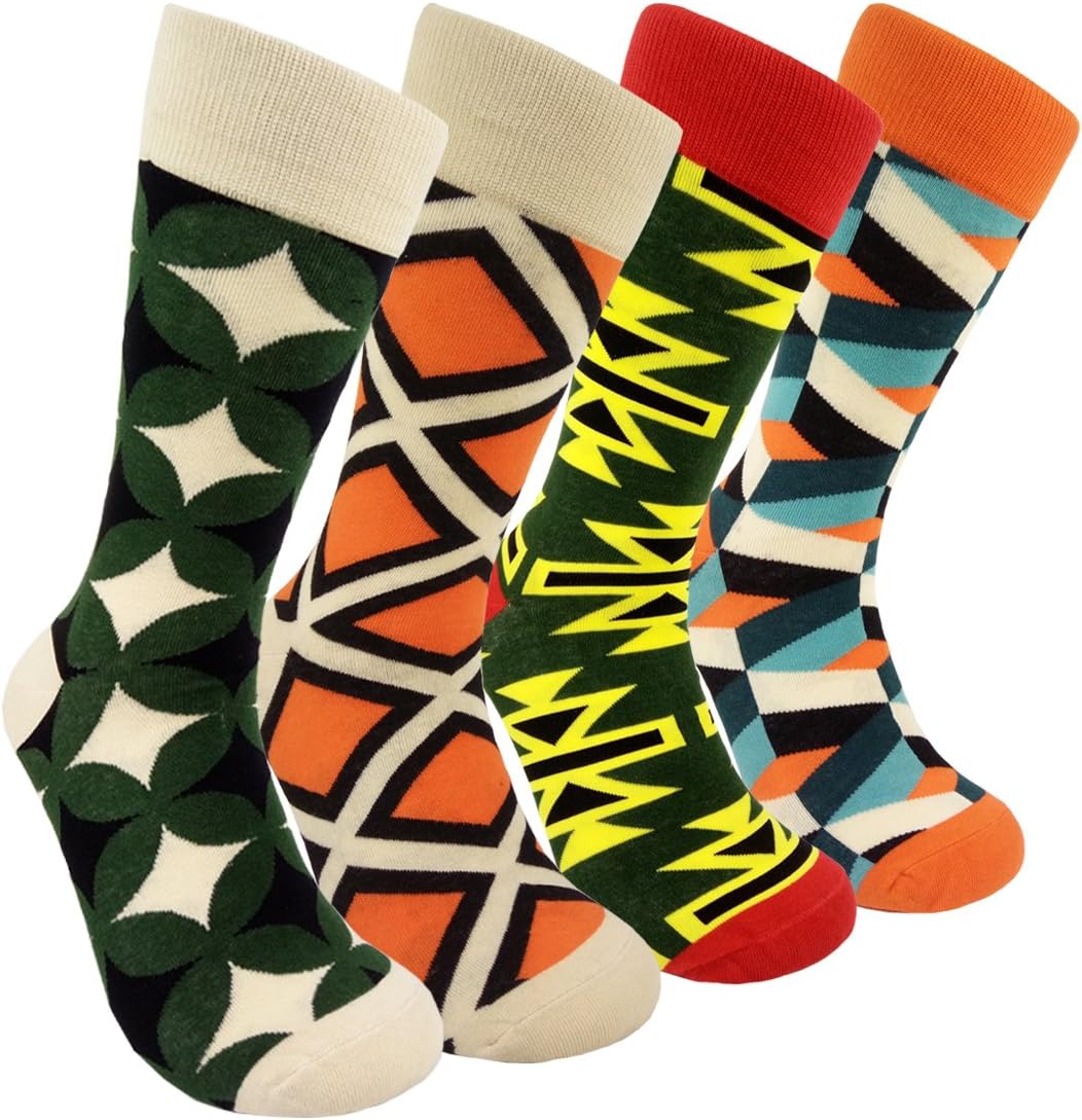 Funny Mens Dress Socks - HZYMS Funky Patterted Carzy Vibrant Socks 4 Pack Cotton Fun Crew Socks