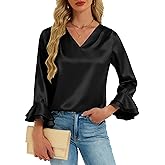 Womens Satin Silk Blouses 3/4 Sleeves Ruffle Shirts Dressy Business Casual Tops V Neck Pleated Elegant Work Office Wear