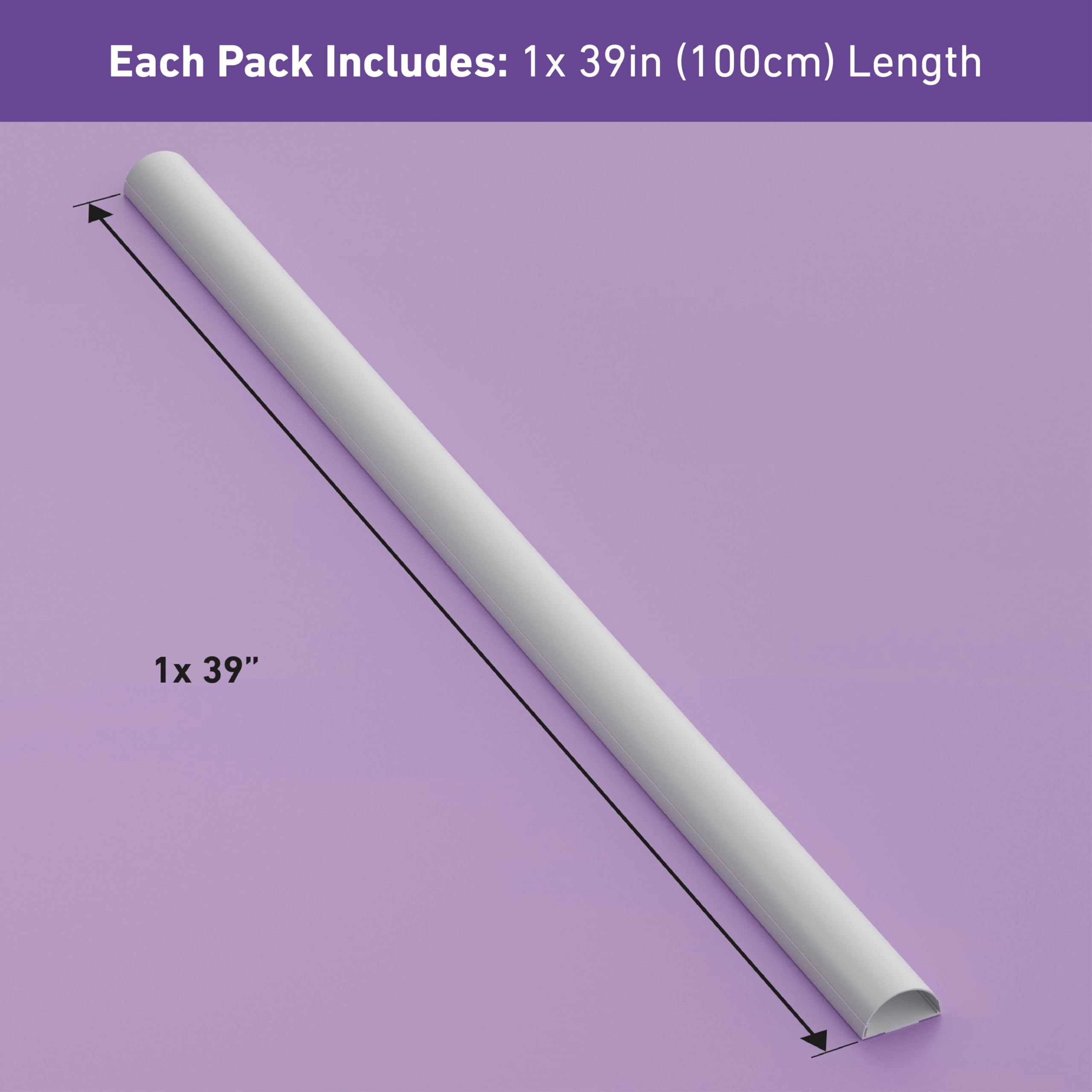 D-Line Half Round Cord Hider, Patented Cable Cover, Hide TV Wall Mount Wires, Raceway for Cords, Decorative Wire Covers, Paintable, Adhesive Cable Concealer, 1x 2in W x 1in H x 39in L, White