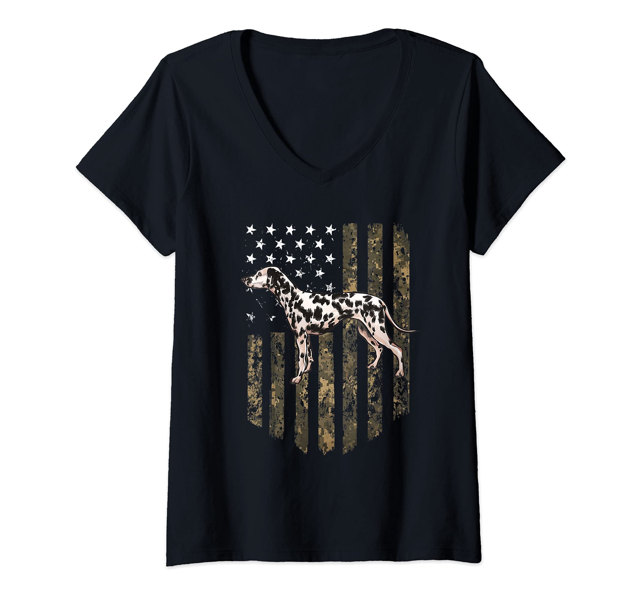 Womens Camo American Flag Dalmatian 4th Of July USA V-Neck T-Shirt