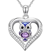 BETHZA Natural Amethyst Owl Necklace for Women 925 Sterling Silver Owl Pendant Necklace with Genuine Gemstone Cute Jewelry Gifts for Her