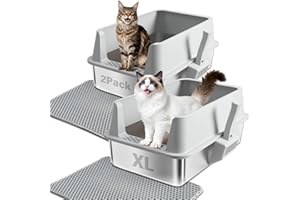 EGMEHOAD 2PACK Stainless Steel Litter Box, XL Cat Litter Box with Lid for Big Cat, Extra Large Metal Litter Boxes with High Side, Non-Stick, Odor-Resistant, Anti-Urine Leakage, Includes Mat & Scoop