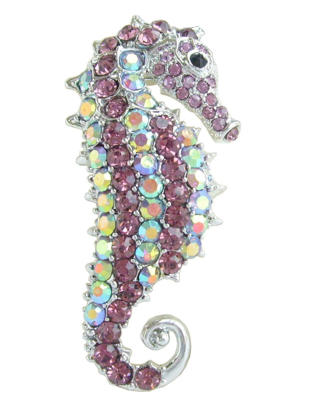 UKB2254 Lovely Animal Seahorse Brooch Pin Pendant with Austrian Crystal, Silver-Tone Purple, 2.16"