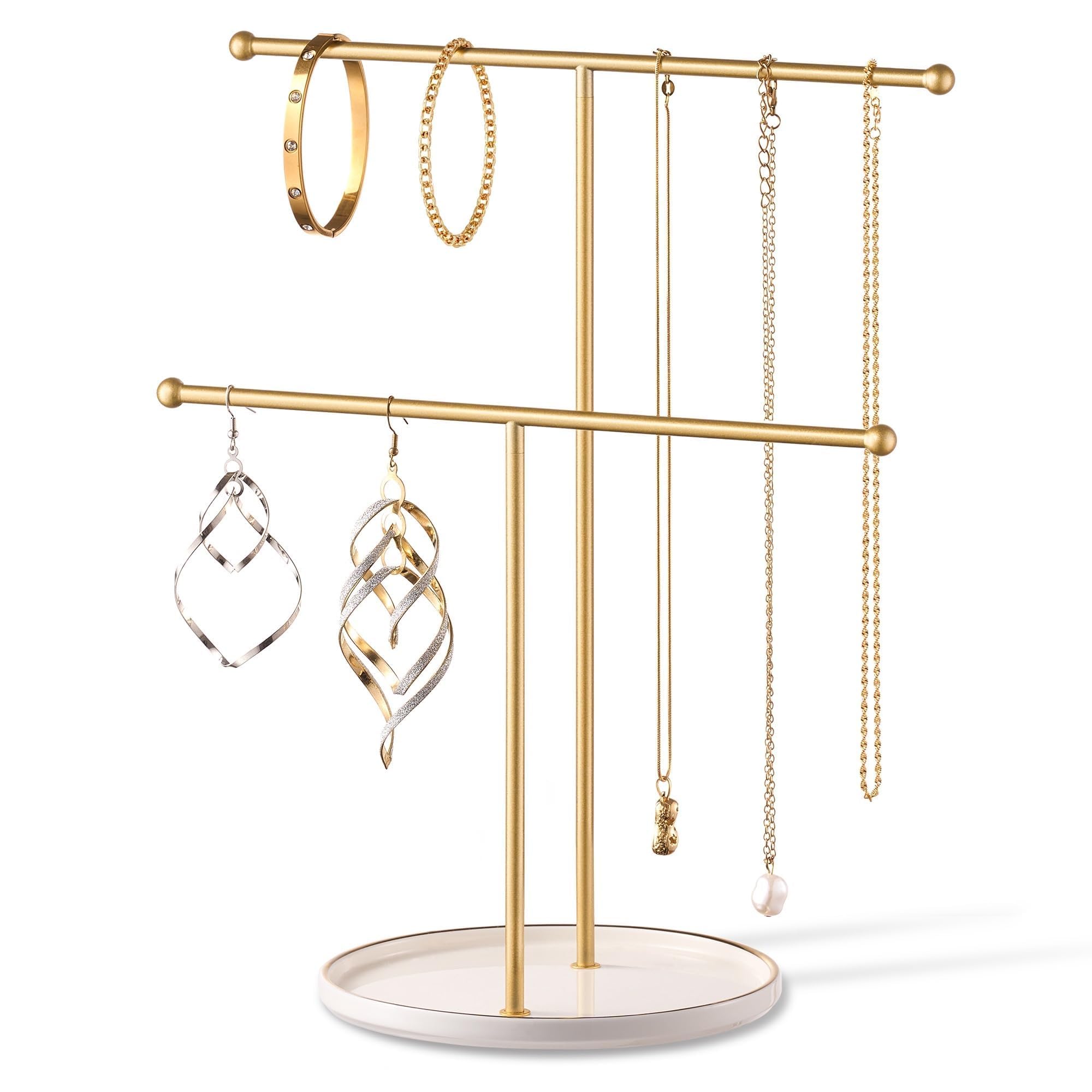 Josmimic Gold Jewelry Holder Stand with Ceramic Tray: Small Hanging Necklace Organizer Tree for Earrings, Bracelets, Rings – Jewelry Display Hanger for Women & Girls, White