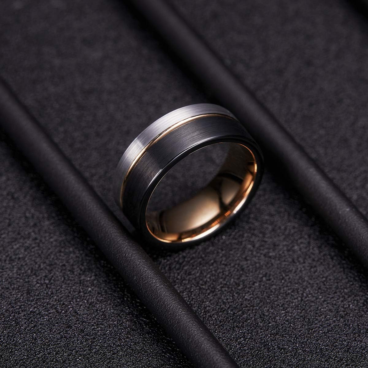 King Will LOOP Tungsten Carbide Wedding Band 6mm/8mm Rose Gold Line Ring Black and Silver Brushed Comfort Fit | 