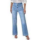 Sidefeel Women's Wide Leg Jeans High Waisted Tummy Control Stretchy Pockets Front Straight Leg Jeans