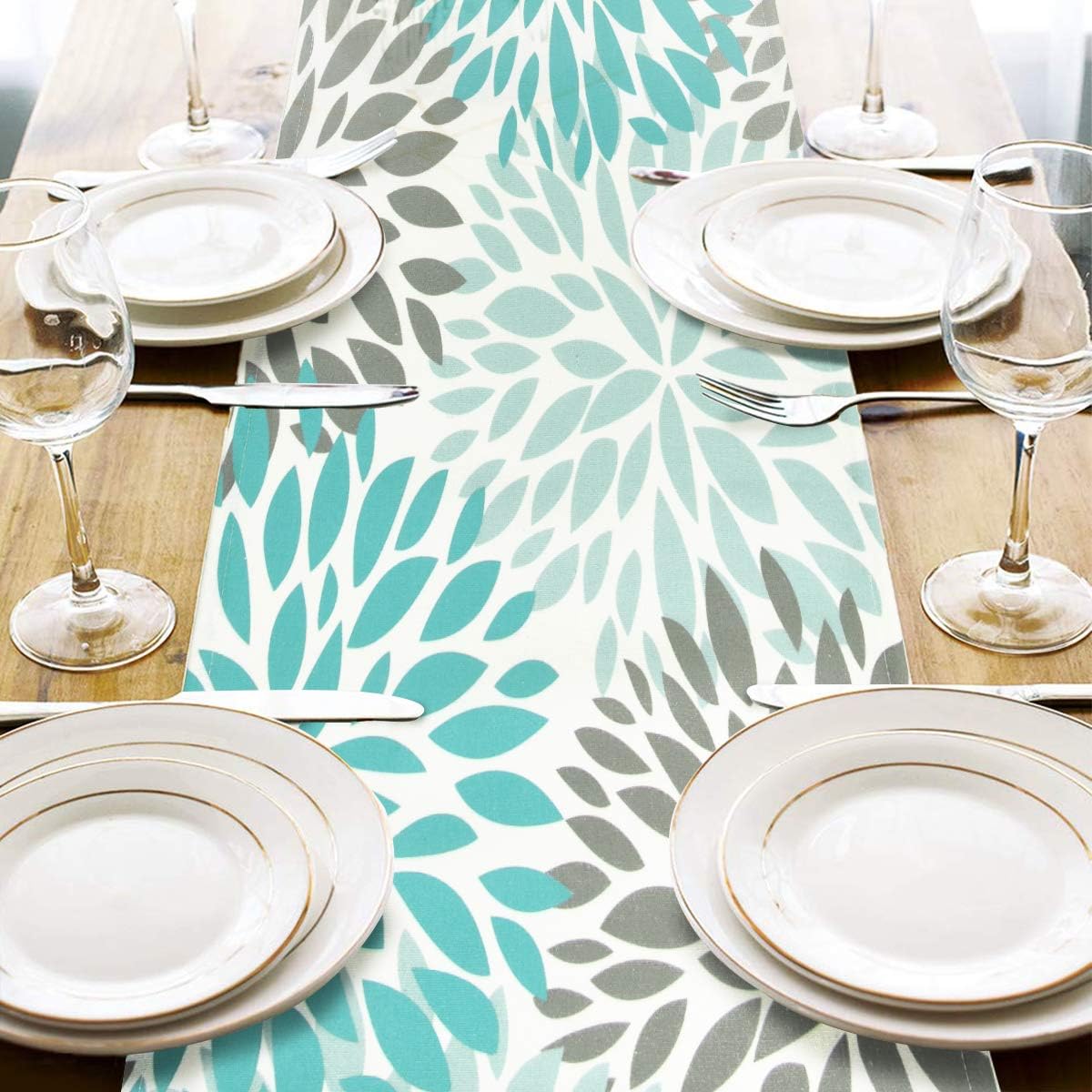 Alishomtll Dahlia Pinnata Table Runner Green and Gray Print Flower Table Runners for Catering Events, Dinner Parties, Wedding, Spring Holiday, Indoor and Outdoor Parties: Home & Kitchen