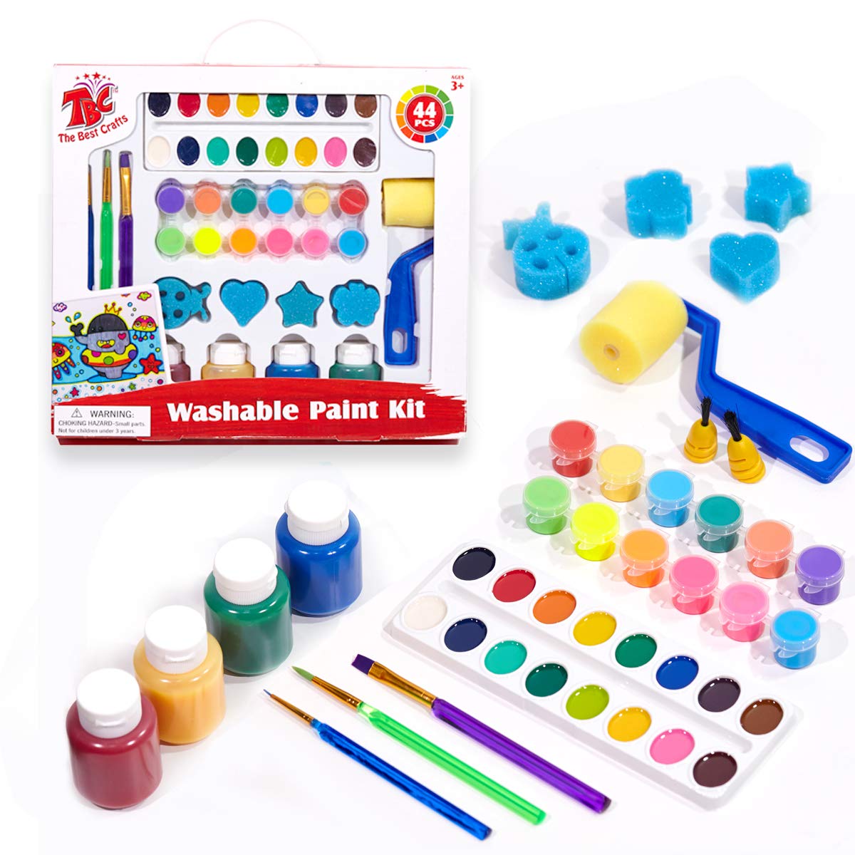 TBC Washable Paint Set for Kids - 30 Colours Kids Paint Non Toxic Art Supplies with 12 Tempera, 16 Watercolour, 4 Finger Paints, Brushes, Sponge Roller & Stamps for Toddler DIY Crafts and Activities