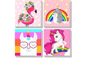 Bowetile 4 Pack Framed Paint by Numbers for Kids Beginners, Easy Cartoon Paint by Numbers for Kids Ages 8-12 on Canvas, DIY Oil Acrylic Number Painting Art Crafts for Home Wall Decor, 8x8in