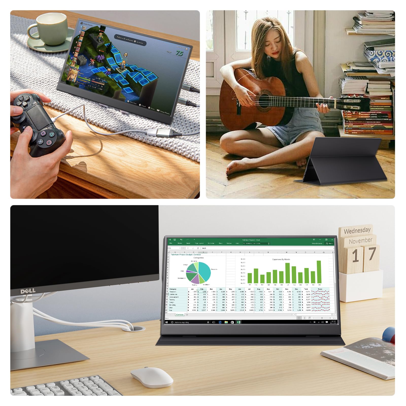 Portable Monitor 15.6 Inch 1080P FHD IPS Gaming Display Monitor with USB-C & HDMI Light Weight Ultra-Slim External Second Screen with Smart Cover & Speakers for Laptop，PC, Mac, Phone, PS5, Switch