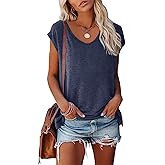 BLACKMYTH Women's Summer V-Neck T-Shirts Cap Sleeve Tees Solid Color Casual Basic Tops