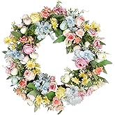 Feidet Artificial Wreath for Front Door, 16 Inch Spring Summer Wreath with Roses and Hydrangeas, Outdoor/Indoor All Season Home Decor, Farmhouse Wedding Wall Decor Gift