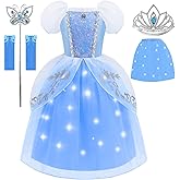 Aolliya Princess Light Up Dress for Girls Blue Puff Sleeves Princess Costume Fancy Dress Up for Halloween Cosplay Carnival