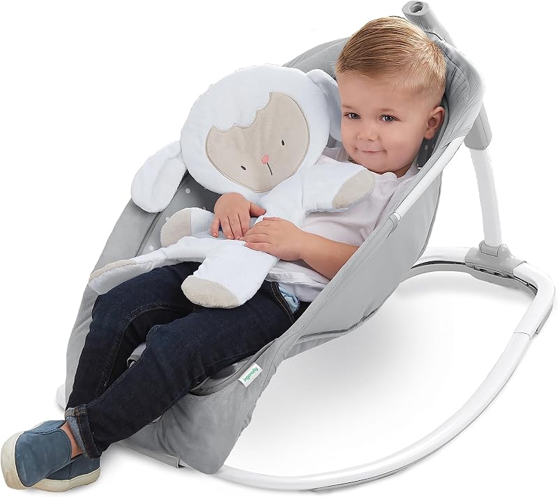, Hamaca Mecedora para Bebés hasta 18 kg, Cuddle Lamb con vibraciones, arco de juego con 2 peluches, 12 melodías, 4 sonidos de naturaleza, volumen regulable, ergonómico.
