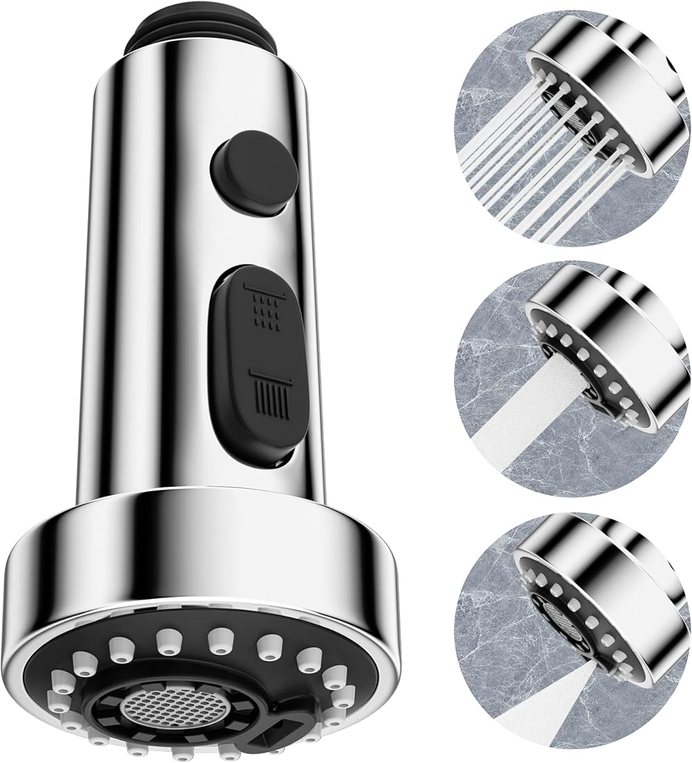 Hibbent 3 Function Kitchen Sprayer Head G1/2 Chrome Pull Out Replacement