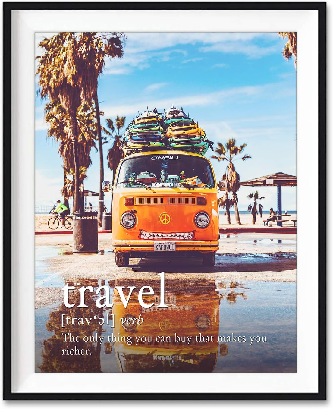Photographs - Definition, Travel, the Only Thing You Buy That Makes You Richer, Orange Peace Van at Beach Ocean Nautical Photography Print, Unframed, Coastal Palm Trees Home and Wall Decor, All Sizes