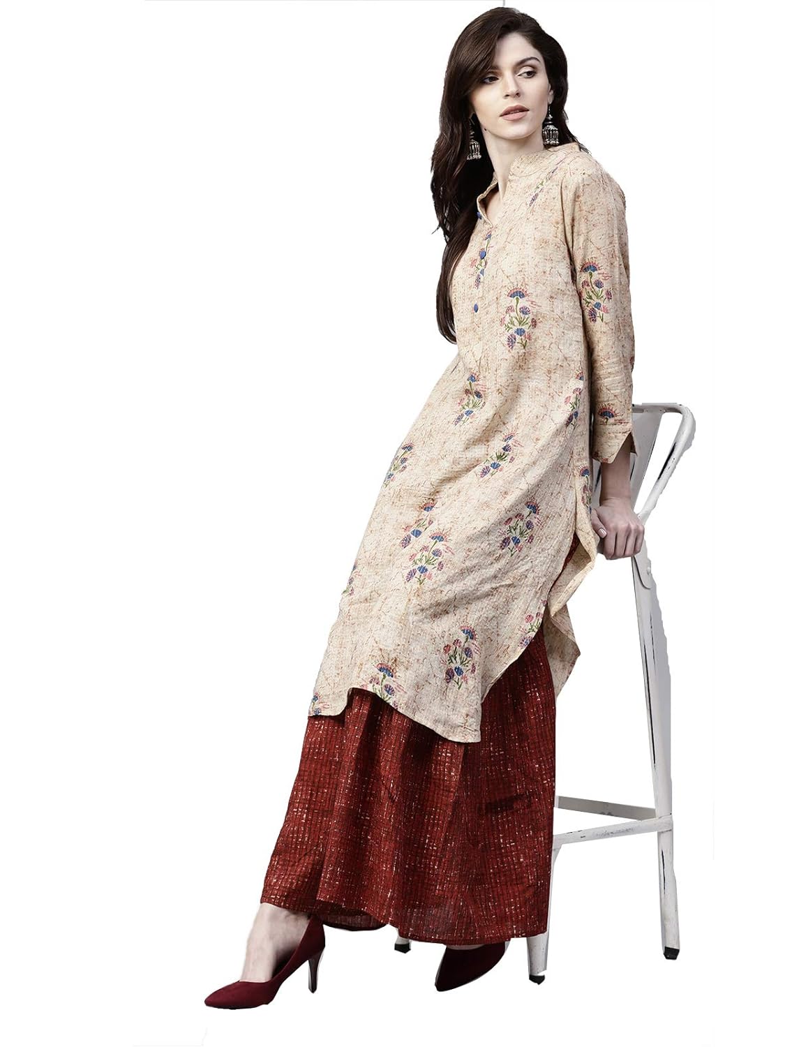 ishin women's cotton beige printed a-line kurta palazzo sets