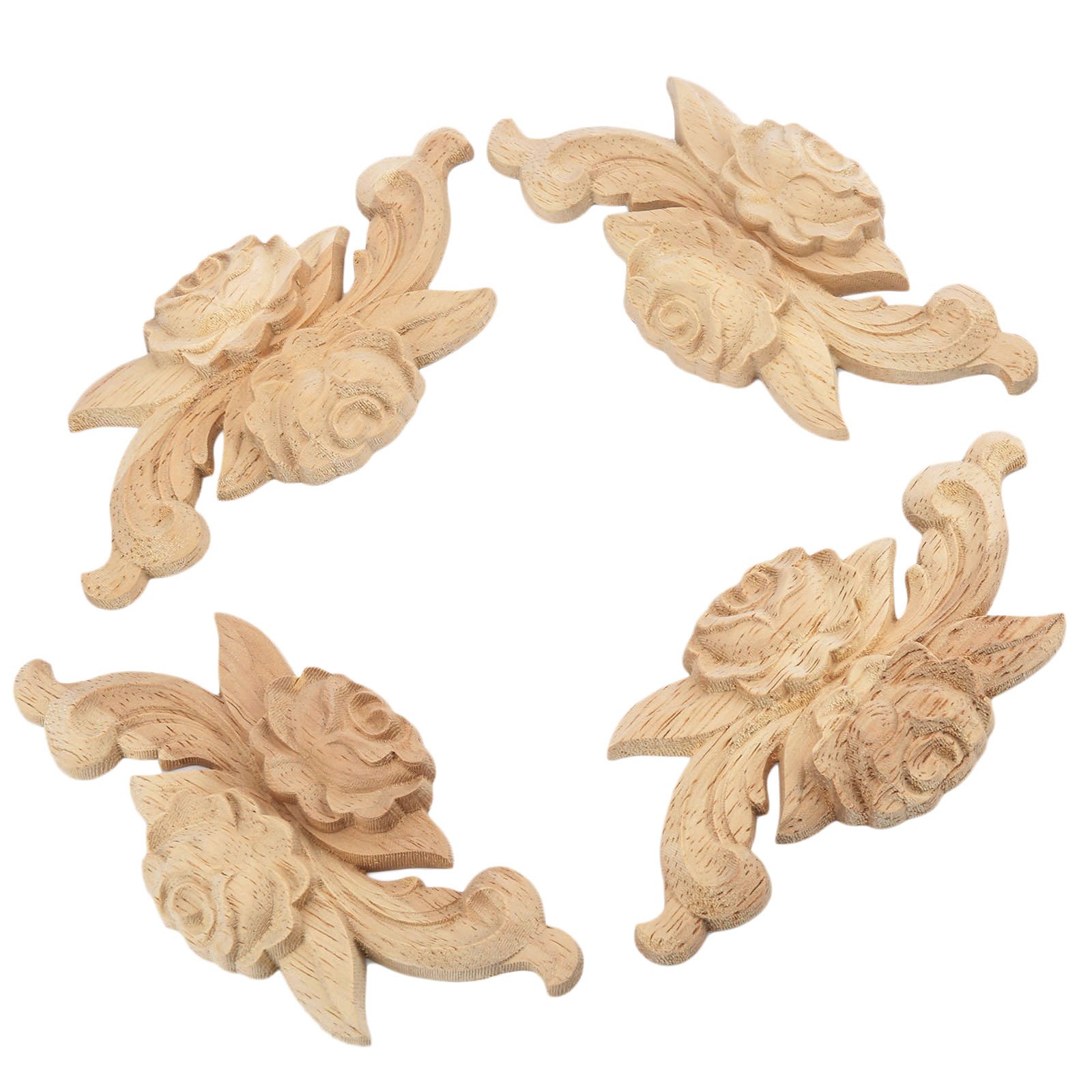 MUXSAM 4pcs Wood Carved Applique Mouldings Long corner Onlay Wooden Rose Decals Unpainted DIY Wood Trim for Wall Furniture Cabinet Fireplace Bed, Home Decoration 12x6cm/4.72x2.36in