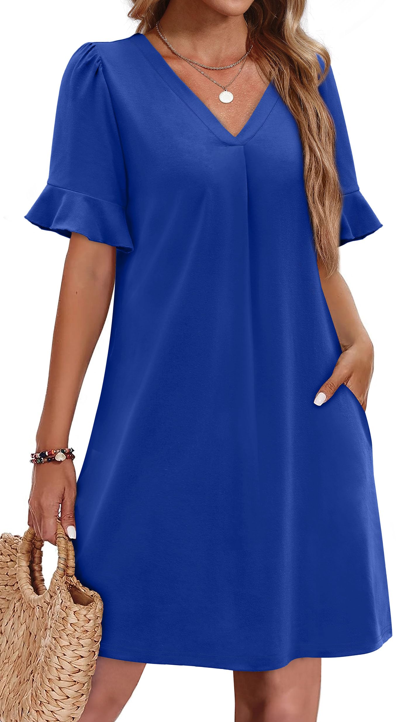 Photo 1 of ***(STOCK PHOTO FOR REFERENCE ONLY)***
OFEEFAN Blue Dress Women Flowy Ruffle Short Sleeve V Neck Casual Shift Dress with Pockets M