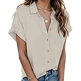 Zeagoo Linen Shirts for Women Cotton Short Sleeve V Neck Collared Button Down Blouses Tops S-3XL