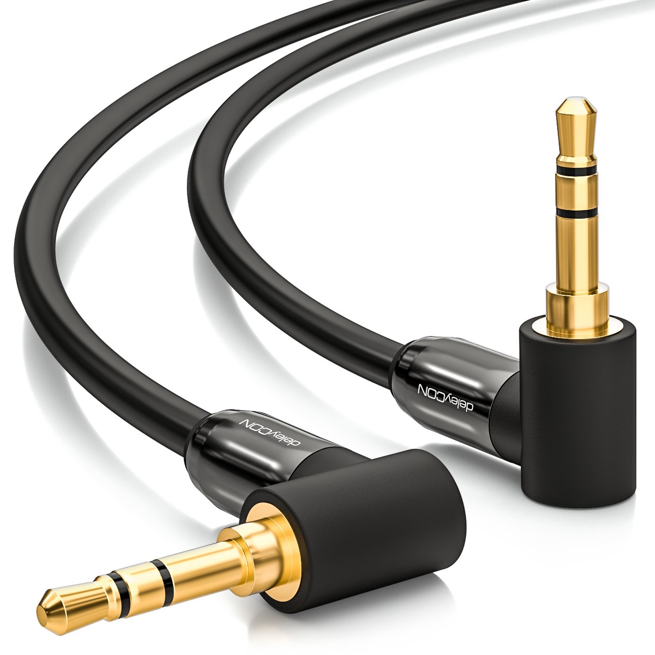 deleyCON 5m Black Angled Auxiliary Cable, 3.5mm Male-to-Male, Compatible with PC, Laptop, Mobile, Tablet, Car, HiFi Receiver