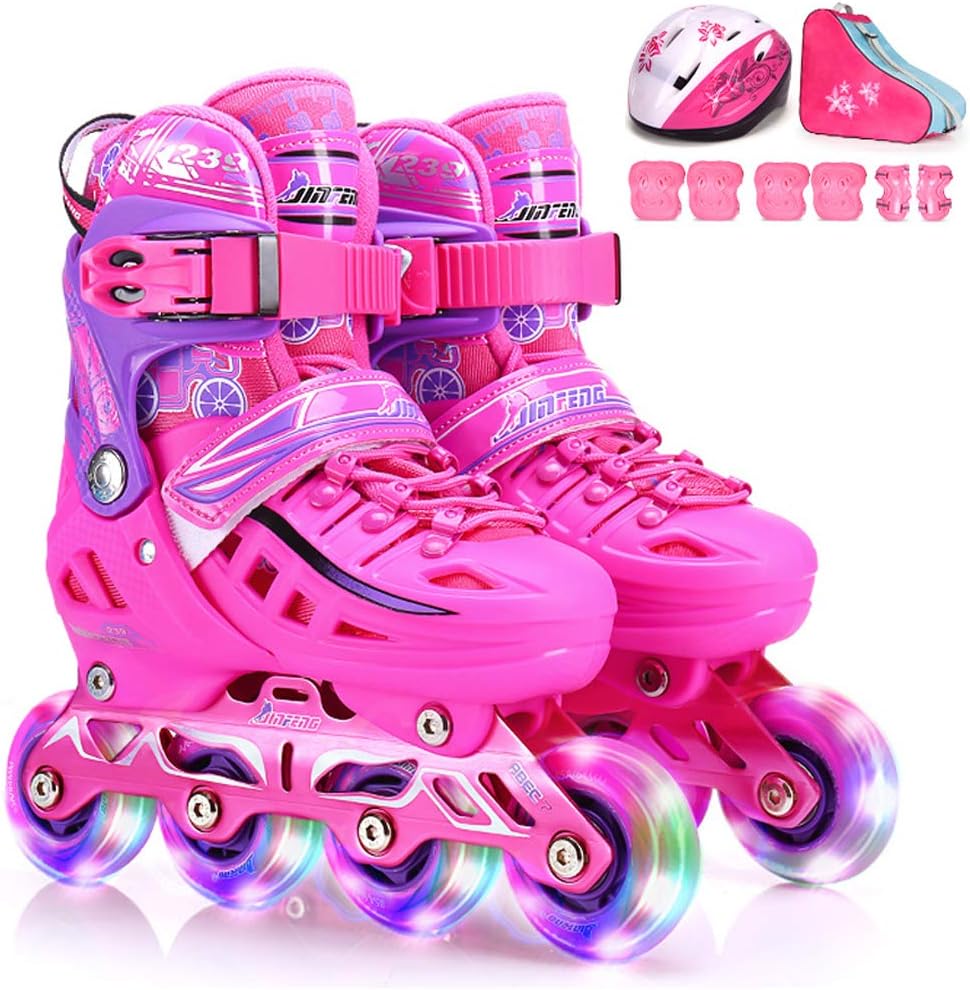 DIMPLEYA Roller Blades for Boys and Girls Inline Skates Adjustable Shoe Size with All Wheels Light Up for Kids Outdoor Sports (with Helmet Protective Gear),Pink,S(30~33EU)
