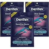 Dentek Floss Picks, Sensitive Gums Comfort Clean, 150 Count, Pack of 3 | Dental Floss, Soft &amp; Sleek Feel, Builds Gum Strength, Gently Removes Plaque, Mouthwash Blast Mint Flavor