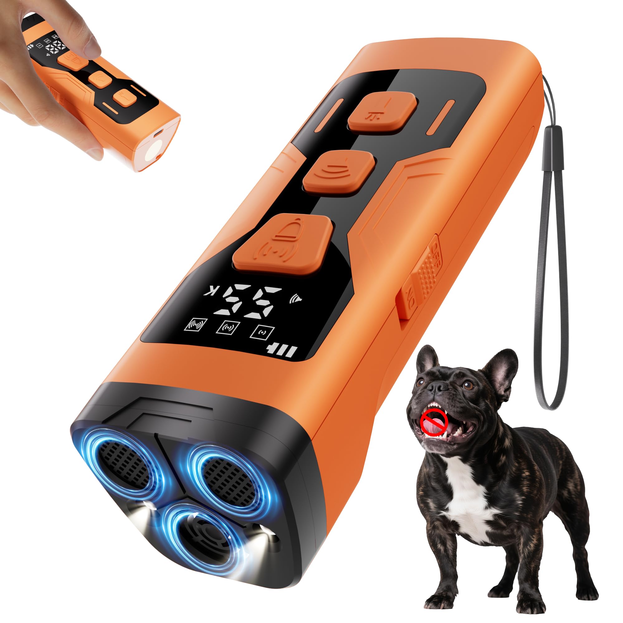 Photo 1 of KQMOP Dog Bark Deterrent Devices, 3X Ultrasonic 65FT Anti Barking Device, 4 Gear Frequencies Safer Alternatives to Dog Training Bark Collars, Portable Design with Display for All Dogs (Orange)