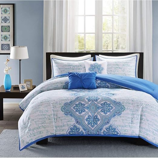 5 Piece Blue White Medallion Comforter Set