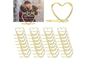 CUNGLIN Gold Table Number Place Card Holders 32 PCS, Heart Shape Photo Card Stand Business Card Card Holders for Wedding Party Mini PhotoPlaying Cards Holder Picture Menu Memo Clips