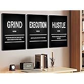 Wall Art Motivational Wall Décor Grind Hustle Execution Inspirational Poster Print Canvas Wall Art for Office, Living Room, Bedroom, Dormitory Wall Decoration Black and White Gallery Wrapped Canvas